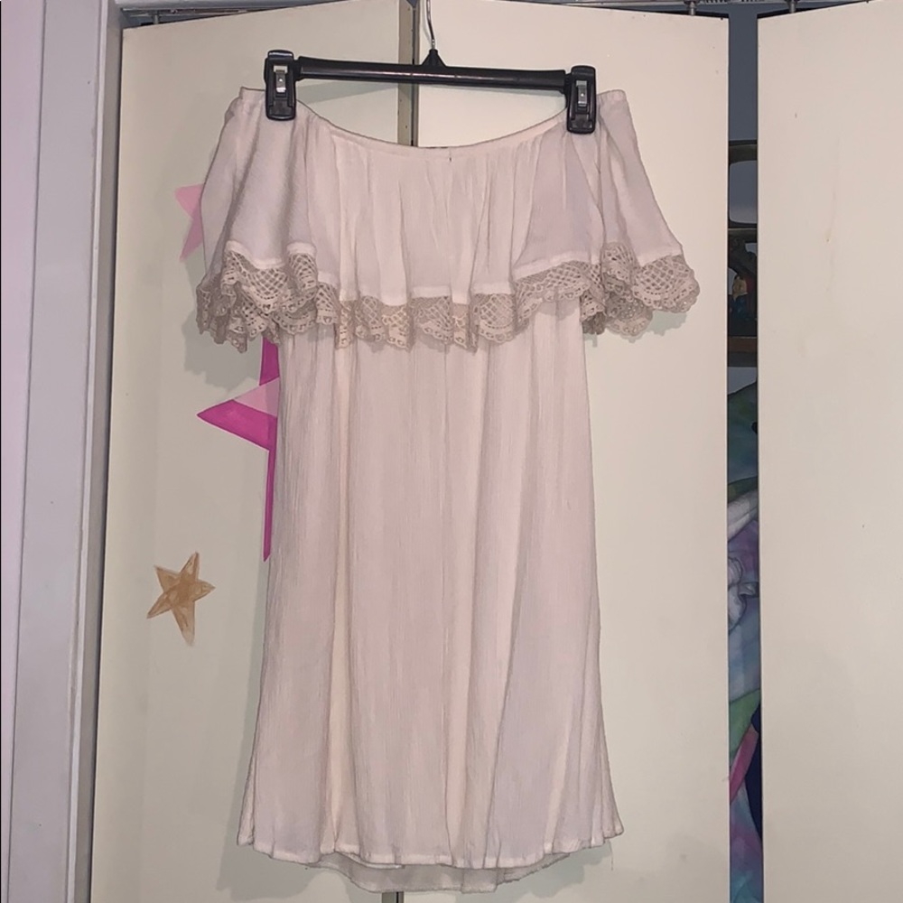 Cream colored off the shoulder dress